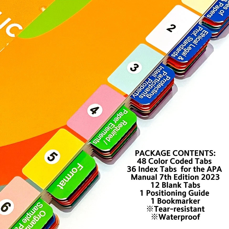 Durable Waterproof APA Manual 7th Edition Tabs with Easy Install Bookmark Guide