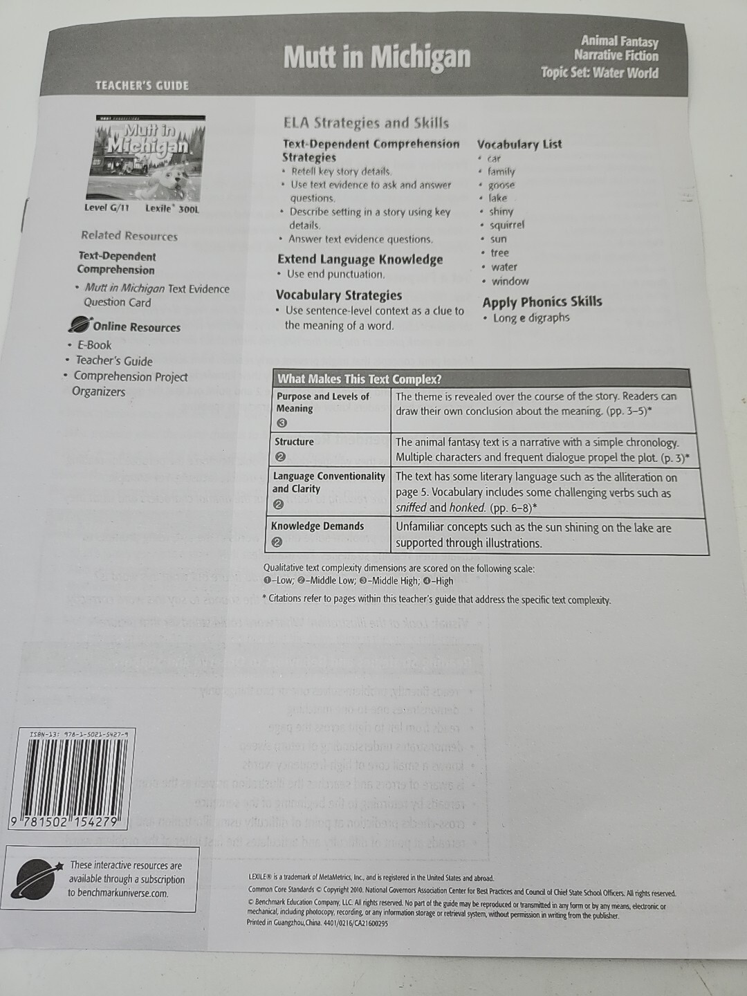 Benchmark Education Text Connections G/11 (6) “Mutt In Michigan” Homeschool